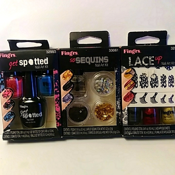 3 Fing'rs Nail Art Kits.  Get Spotted, So Sequins, and Lace-up. All 3 just $15 - Picture 1 of 8
